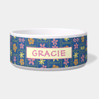 Retro Blauwe Patchwork Bloemstuk Custom Grote Hond Voerbakje