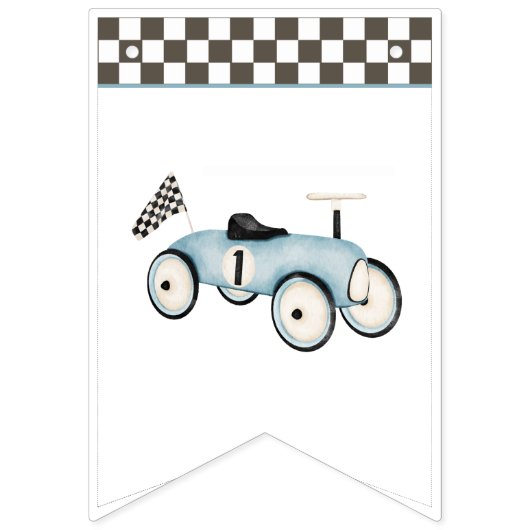 Retro Blauwe Race Auto Rit-On Bunting Vlaggen Vlaggetjes (Eerste vlag)