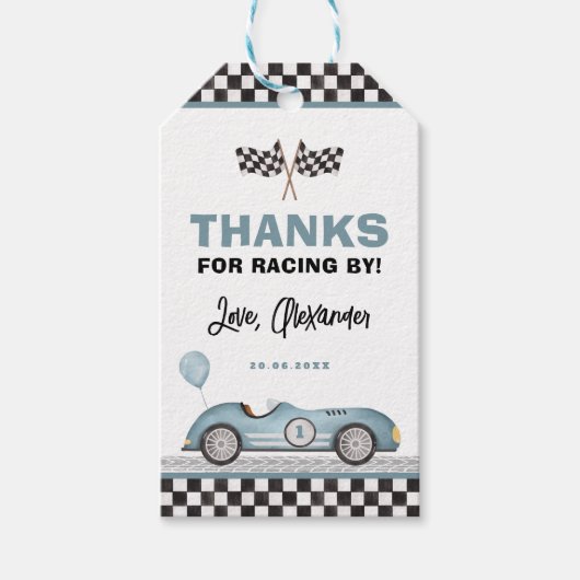 Retro Blauwe Race Auto Snel Een Jongen Verjaardags Cadeaulabel (Voorkant)