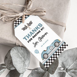 Retro Blauwe Race Auto Snel Een Jongen Verjaardags Cadeaulabel