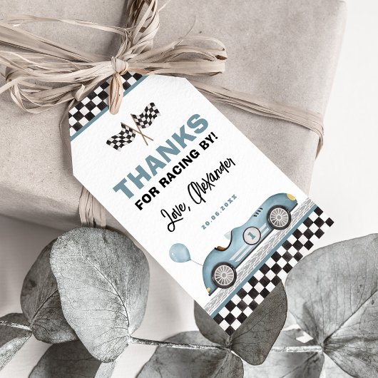 Retro Blauwe Race Auto Snel Een Jongen Verjaardags Cadeaulabel