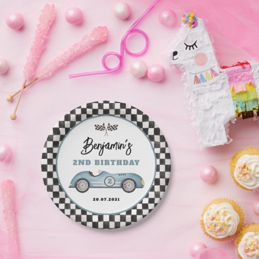 Retro Blauwe Race Auto Twee Snelle Jongen Verjaard Papieren Bordje (Feest)