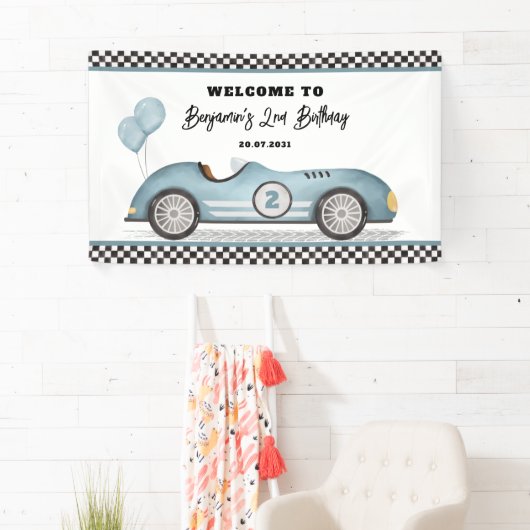 Retro Blauwe Race Auto Twee Snelle Jongen Verjaard Spandoek (Insitu)