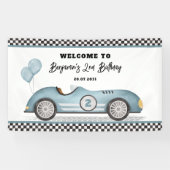 Retro Blauwe Race Auto Twee Snelle Jongen Verjaard Spandoek (Horizontaal)