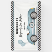 Retro Blauwe Race Auto Twee Snelle Jongen Verjaard Spandoek (Verticaal)