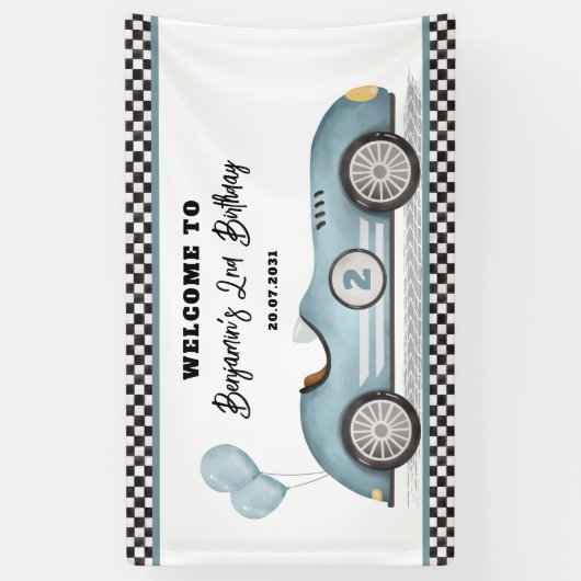 Retro Blauwe Race Auto Twee Snelle Jongen Verjaard Spandoek (Verticaal)