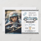 Retro blauwe raceautoballon jongens verjaardagsfot kaart (Voorkant)
