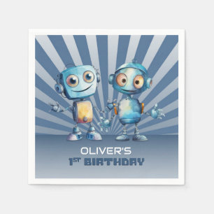 Retro Blauwe Robot Thema 1e Verjaardag Servet