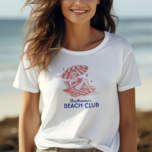 Retro Blauwe Rode Zomer Lezen Strandclub T-shirt