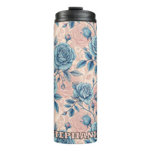 Retro Blauwe Roospatroon op Zachte Roze Achtergron Thermosbeker
