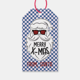 Retro Blauwe Roze Geruite Kerstman Kerstmis Cadeaulabel