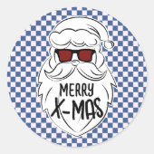 Retro Blauwe Roze Geruite Kerstman Kerstmis Ronde Sticker (Voorkant)