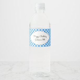 Retro blauwe schaakbord waterfleslabels  waterfles etiket
