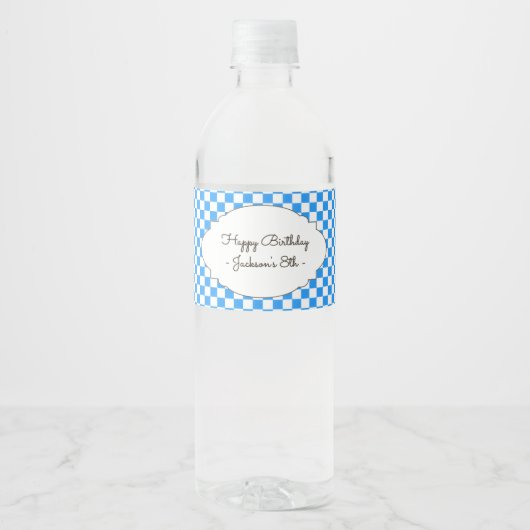 Retro blauwe schaakbord waterfleslabels waterfles etiket (Voorkant)