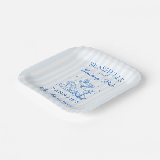 Retro blauwe schelpen & bruiloft bellen vrijgezell papieren bordje (Gebogen)