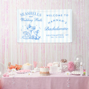 Retro blauwe schelpen & bruiloft bellen vrijgezell spandoek