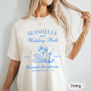 Retro blauwe schelpen & bruiloft bellen vrijgezell t-shirt