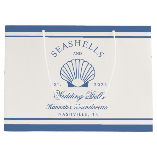Retro blauwe schelpen & bruiloftbellen vrijgezelle groot cadeauzakje (Voorkant)