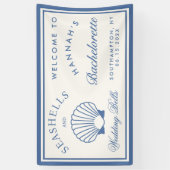 Retro blauwe schelpen & bruiloftbellen vrijgezelle spandoek (Verticaal)