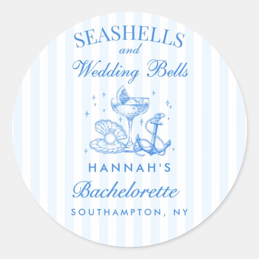 Retro blauwe schelpen & bruiloftsbellen vrijgezell ronde sticker (Voorkant)