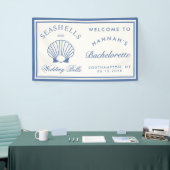 Retro blauwe schelpen & bruiloftsklokken vrijgezel spandoek (Beurs)