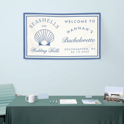 Retro blauwe schelpen & bruiloftsklokken vrijgezel spandoek (Beurs)