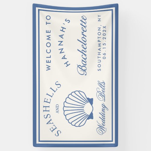 Retro blauwe schelpen & bruiloftsklokken vrijgezel spandoek (Verticaal)