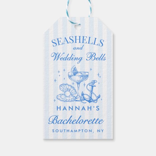 Retro Blauwe Schelpen & Trouwbellen Bachelorette Cadeaulabel (Achterkant)