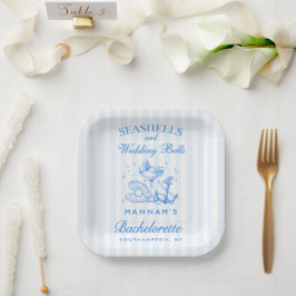 Retro Blauwe Schelpen & Trouwbellen Bachelorette  Papieren Bordje
