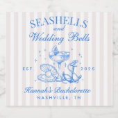 Retro Blauwe Schelpen & Trouwbellen Bachelorette  Sparkling Wijnetiket (Enkel label)