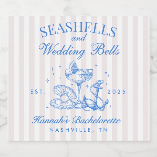 Retro Blauwe Schelpen & Trouwbellen Bachelorette  Sparkling Wijnetiket (Enkel label)