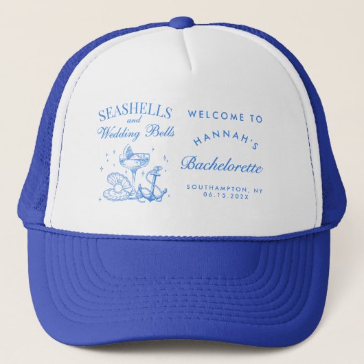 Retro Blauwe Schelpen & Trouwbellen Bachelorette  Trucker Pet (Voorkant)
