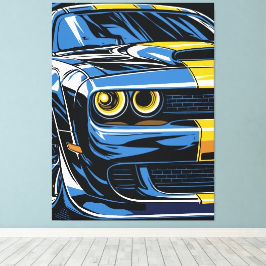 Retro Blauwe Spierauto Front Pop Art Illustratie Canvas Afdruk (Insitu (Houten vloer))