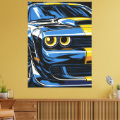 Retro Blauwe Spierauto Front Pop Art Illustratie Canvas Afdruk (Insitu (Woonkamer))