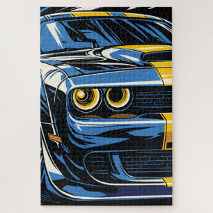 Retro Blauwe Spierauto Front Pop Art Illustratie Legpuzzel