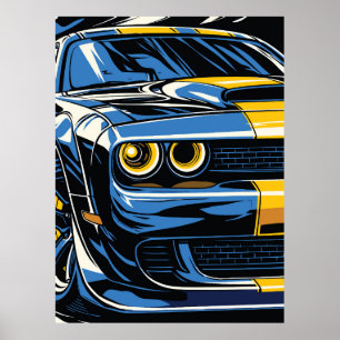Retro Blauwe Spierauto Voor Pop Art Illustratie Poster