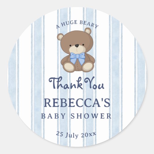 Retro blauwe strepen teddybeer baby shower gunst ronde sticker (Voorkant)