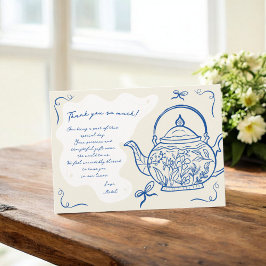 Retro blauwe strikken theepot baby is het brouwen  bedankkaart