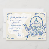 Retro blauwe strikken theepot baby is het brouwen  bedankkaart (Voorkant)