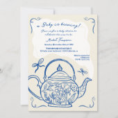 Retro blauwe strikken theepot baby is het brouwen kaart (Voorkant)