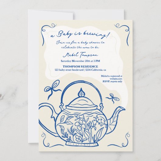 Retro blauwe strikken theepot baby is het brouwen  kaart (Voorkant)