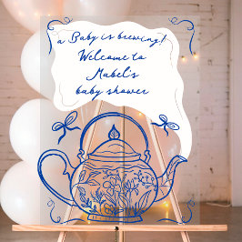 Retro blauwe strikken theepot baby shower welkom acryl bord