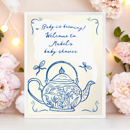 Retro blauwe strikken theepot baby shower welkom poster