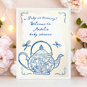 Retro blauwe strikken theepot baby shower welkom poster