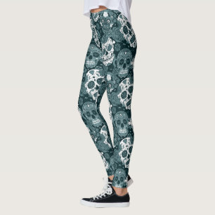 retro blauwe suiker schedel bloem ornamentaal patr leggings