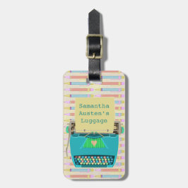 Retro Blauwe Typewriter Midden-Eeuw Modern Custom Bagagelabel