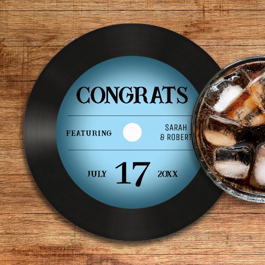 Retro blauwe vinylen plaat huwelijksgelukwensen ronde kartonnen onderzetter