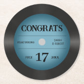 Retro blauwe vinylen plaat huwelijksgelukwensen ronde kartonnen onderzetter (Voorkant)