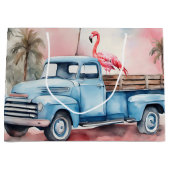 Retro blauwe vrachtwagen met flamingo groot cadeauzakje (Voorkant)