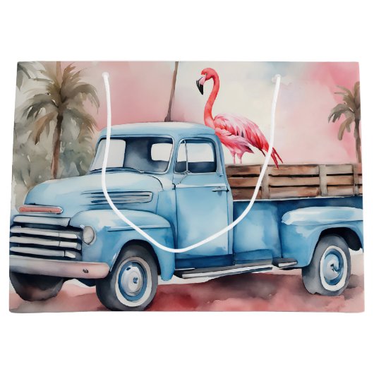 Retro blauwe vrachtwagen met flamingo groot cadeauzakje (Voorkant)